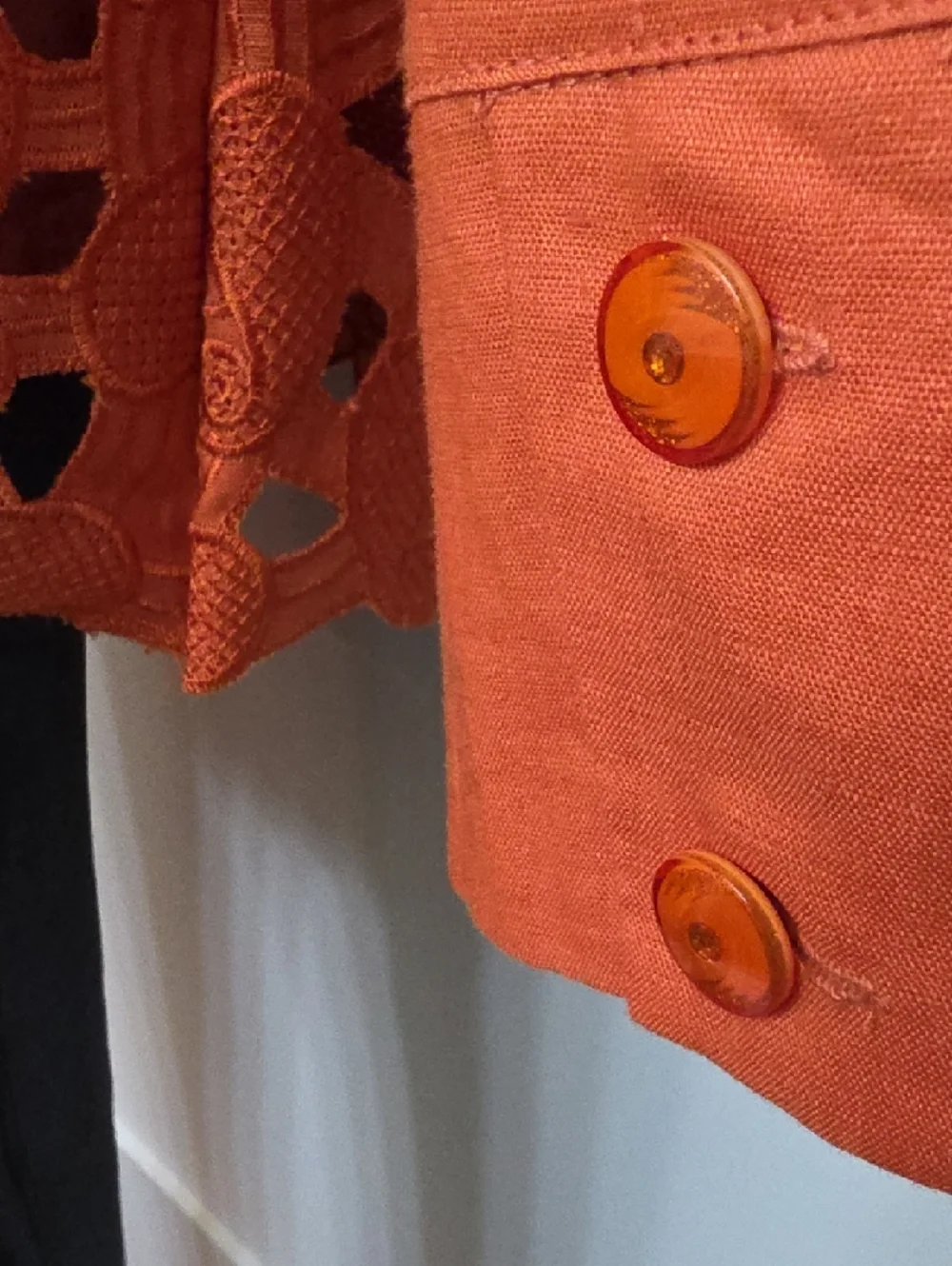 Orange Linen Button-Front Jacket with Crochet Hem by JSong